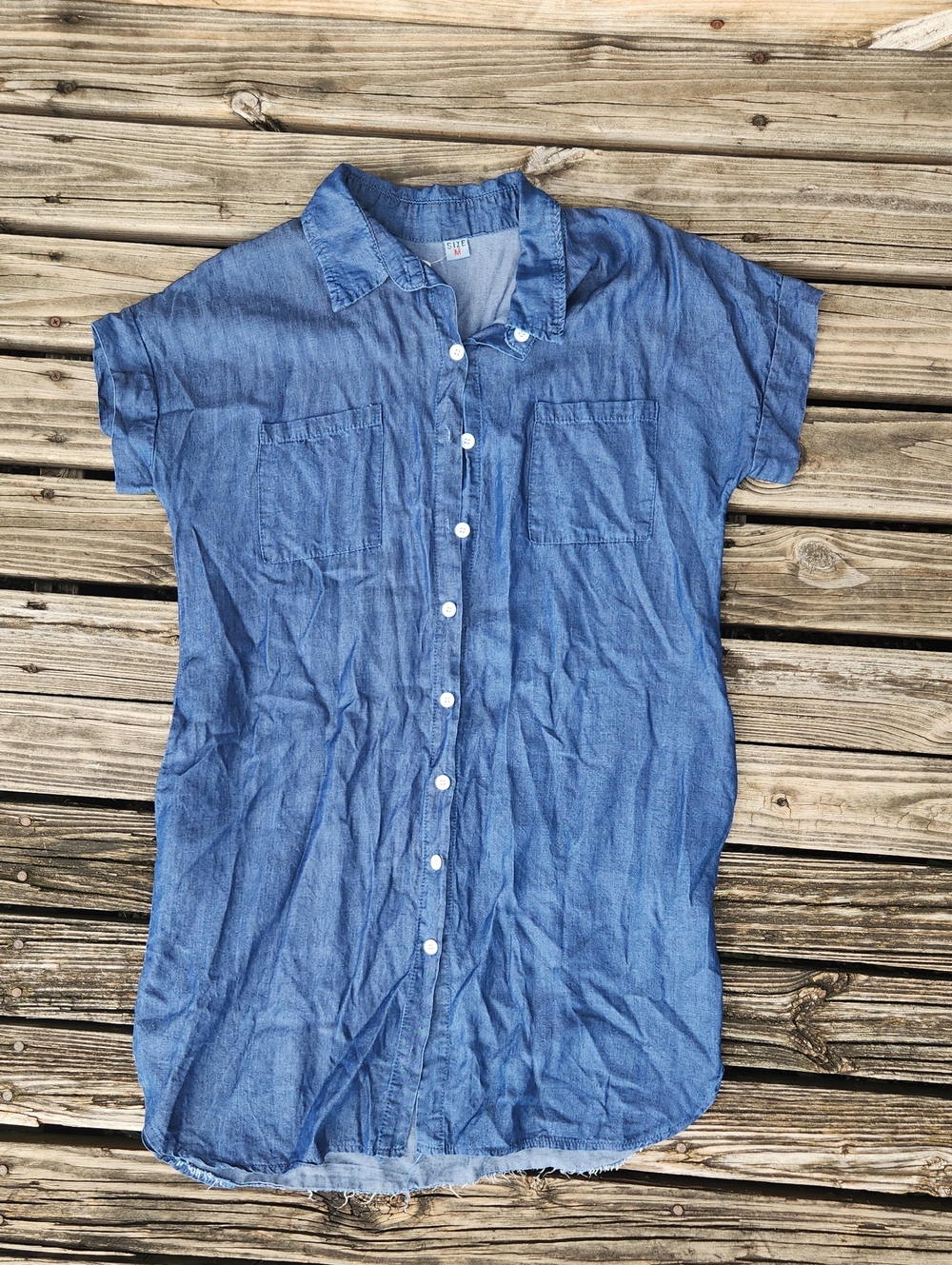 Denim Button Down Lightweighr Dress Western Office Casual Medium